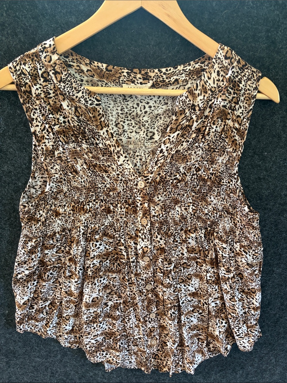 JODIFL Brown and Cream Sleeveless Animal Print V-Neck Button Top